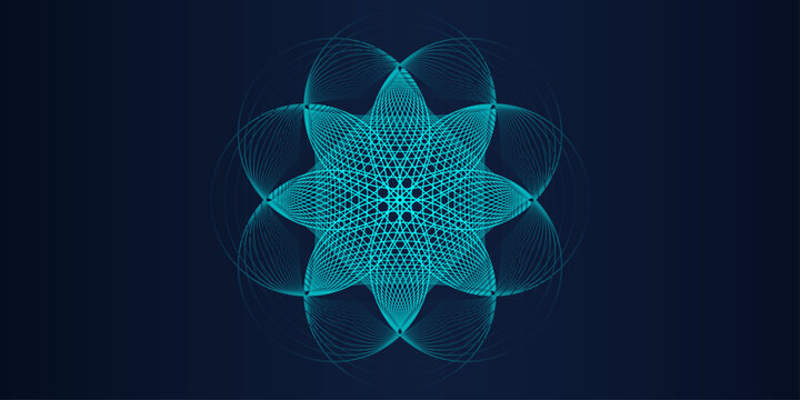 Neon geometric mandala pattern. Abstract glowing wireframe background with symmetry and futuristic digital design