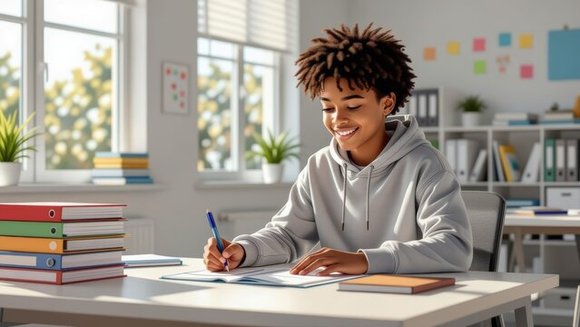Young man with curly brown hair, grey hoodie, smiling at desk with labelled folders on student desk, college books. Concept of labelled folders on student desk, organization, study.