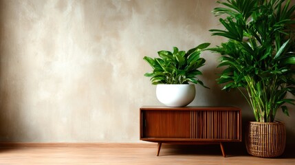This image features a beautifully arranged indoor plant display, showcasing a stylish wooden cabinet and vibrant greenery for a serene and modern living space atmosphere.
