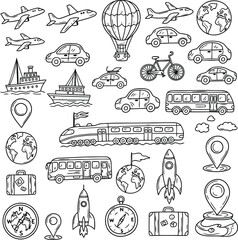 Vector art of collection of handdrawn transportation icons including airplanes, cars, trains, buses, boats, bicycles, hot air balloons, rockets, luggage, and globes, isolated on white background