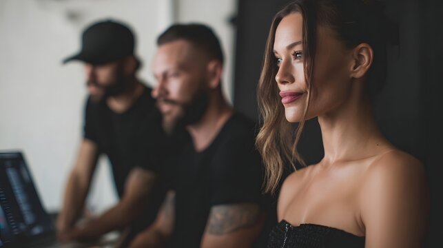 A group of professionals discussing a marketing strategy in a modern studio setting - Powered by Adobe