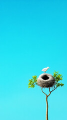 A white bird and a nest on a small tree against a light blue sky. Concept of nature, wildlife, birds, simple, minimalist.