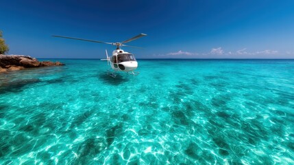 An aerial view image of a white helicopter hovering over stunning clear turquoise water, capturing the essence of adventure, exploration, and outdoor leisure activities.