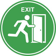 Emergency exit sign with running man symbol isolated on white background to indicate the direction of escape in case of fire or other emergency
