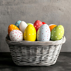 Polka-dotted Easter eggs in a gray woven basket against a gray background. Concept of Easter, spring, celebration.