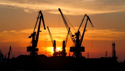 Silhouette of harbor cranes against a brilliant sunset, a spectacle of industry