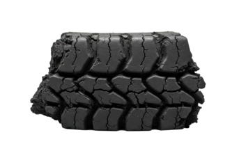Extreme close-up, aged, fragmented matte black car tire rubber with deep cracks and worn tread, isolated on a clean transparent studio background. Concept of material decay