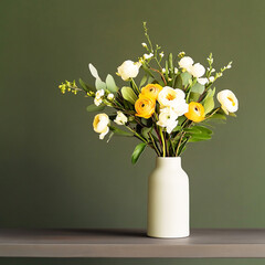 Bouquet of yellow and white flowers with green leaves in a white vase against green background. Concept of floral, spring, gift, modern.