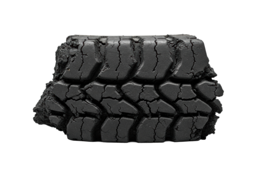 Extreme close-up, aged, fragmented matte black car tire rubber with deep cracks and worn tread, isolated on a clean transparent studio background. Concept of material decay - Powered by Adobe