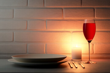 Wine glass, candle, plates, and cutlery on table for a romantic dinner. Concept of romance, love, celebration, date night.