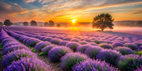 Sunrise over lavender field with soft mist