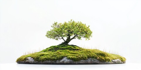 A single tree growing on a moss-covered rock island against a plain white background. The tree is small and has a dense canopy of green leaves.