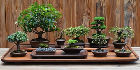 Fototapeta premium A collection of bonsai trees arranged on a wooden tray against a wooden backdrop. The trees are in small, dark pots and vary in size and shape, showcasing intricate foliage. The setting is indoors