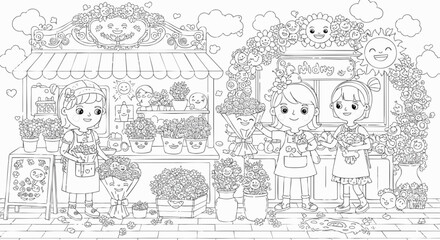 Charming Floral Village Scene A Whimsical Coloring Page for All Ages