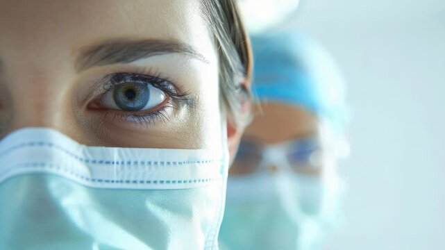 A close-up shot of a person wearing a surgical mask, great for representing medical professionals or individuals taking precautions