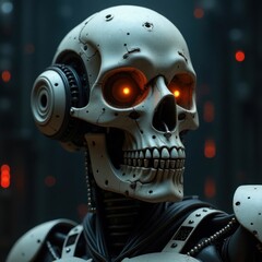 Fototapeta premium Cybernetic Skull with Glowing Eyes in Futuristic Setting