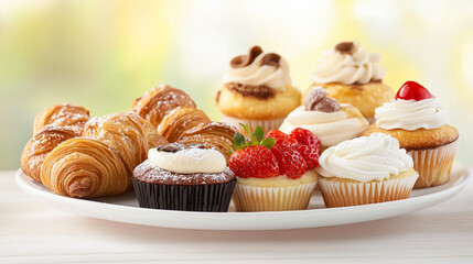 A delightful mix of pastries and cupcakes on a white plate.