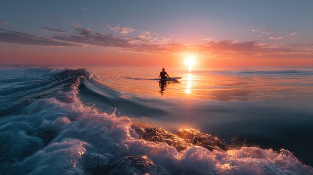 A lone surfer floats on a tranquil ocean at sunset, with gentle waves and a vibrant sky creating a serene atmosphere.