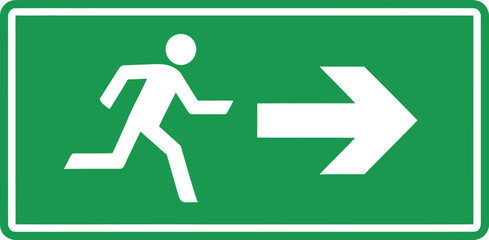 Green emergency exit sign with running figure and arrow isolated on white background, indicating the direction of escape for safety
