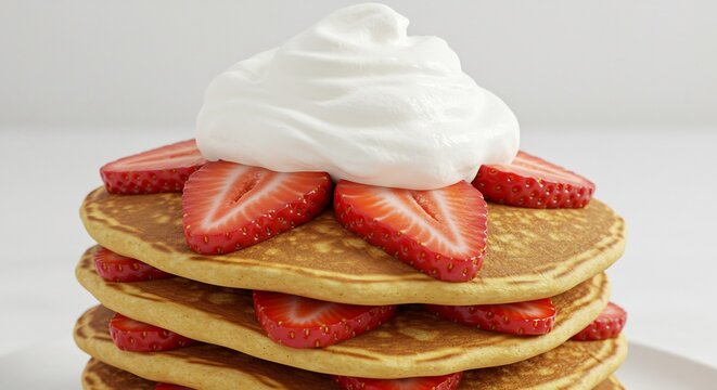 Garniture creme fouettee douce Pancakes delicieux fraises juteuses lumiere naturelle. AI Generated