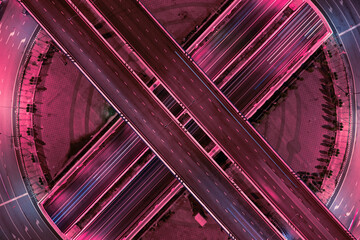 Expressway, Self-driving autonomous electric cars of the future with elements move along a busy traffic intersection. Artificial Intelligence, Car Scan, GPS Tracking, Smart Roads, IoT, highway