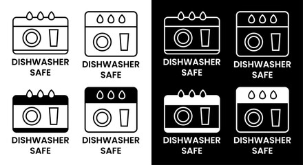 Set of dishwasher safe icons with calendar symbol and text on white and black backgrounds