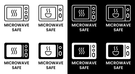 Microwave Safe Icon, A set of four distinct microwave safe icons presented in both positive and negative formats for clear visual communication.