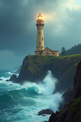 Majestic lighthouse standing tall on a rocky cliff overlooking a stormy sea with crashing waves