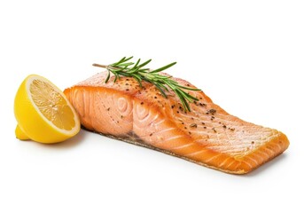 Pan seared salmon fillet with lemon and rosemary garnish fish seafood