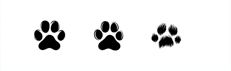 Vector graphic logo of three different cat feet prints, simple shapes and lines, vector graphics, white background, monochrome, simple shapes,