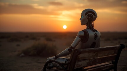 A detailed robot with glowing blue eyes sits on a weathered bench, observing a vibrant orange and yellow sunset over a sparse desert landscape