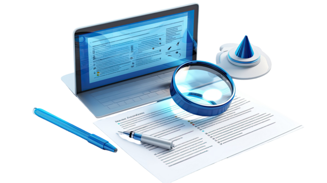 Laptop and magnifying glass on the table isolated on white background