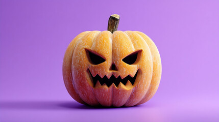 A carved halloween pumpkin with an evil face on a purple background in a studio setting for holiday fun