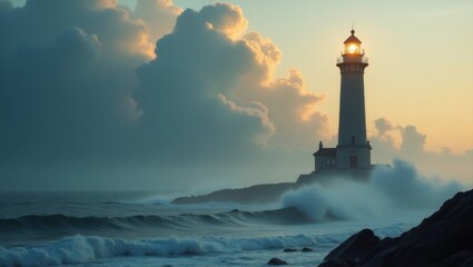 Fototapeta premium Majestic lighthouse on rocky shore bathed in golden sunset light with stormy seas and dramatic clouds