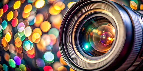 Close up of camera lens with bokeh lights