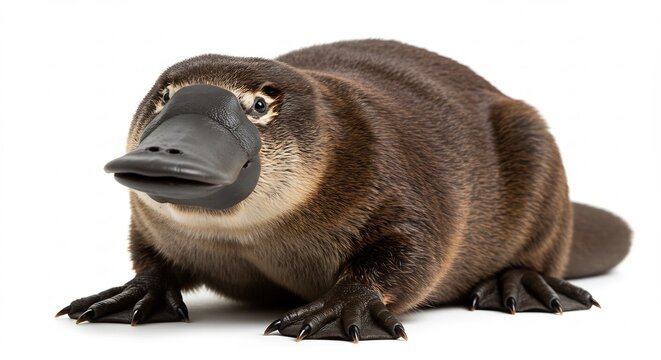 Ornithorynque curieux regarde attentivement lumiere naturelle douce fond blanc. AI Generated