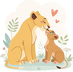 Lioness Cuddling Cub | Heartwarming Flat Cartoon Vector Safari Nursery