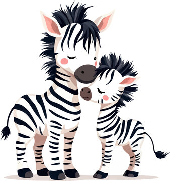 Zebra Parent and Foal Nuzzle | Cute Flat Cartoon Vector Safari Art