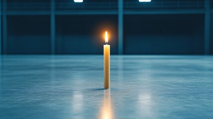 A single candle burns brightly in a vast, dark room, casting a warm glow and creating a serene, contemplative atmosphere.
