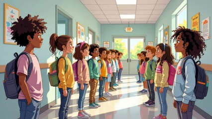 Naklejka premium Kids lined up outside classroom, colorful students chatting, lively scene in school hallway. Concept of kids lined up outside classroom, vibrant atmosphere, engaging interaction.