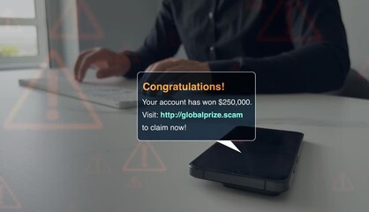 Bank fraud through phone messages.Businessman holding phone with scam message on digital screen. Fake text SMS scam.Scammers online.Cyber scam.	