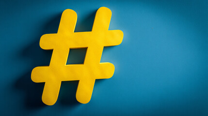 Obraz premium A close up of a yellow hashtag symbol against a blue background with soft lighting and shadows