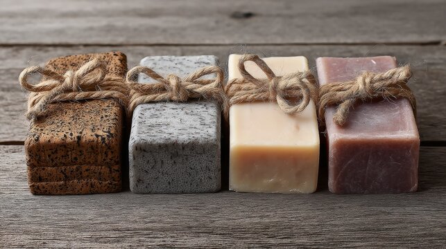Handmade soap bars tied with string displayed on rustic wooden surface background