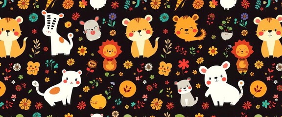 Adorable cartoon vector seamless pattern featuring playful animal characters and whimsical elements, friendly, animals cartoon