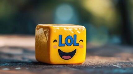 A close-up of a yellow cube with the text 'LOL' and a smiling emoji face, placed on a textured surface with a blurred natural background. 