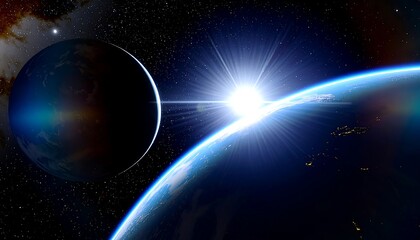 Obraz premium Spectacular view of Earth and a secondary planet from outer space with sun