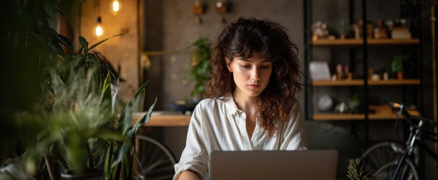 The woman working on a laptop in a cozy plant filled cafe with warm lighting - Powered by Adobe