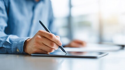 Person's hand holding pen, signing on tablet, with blurred background of an office