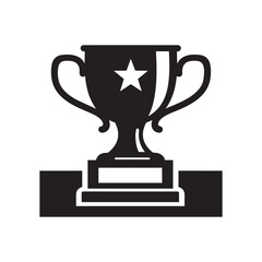 A stark black silhouette illustration depicts a classic trophy design against a clean white background.