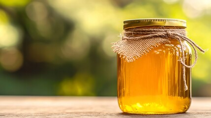 Honey jar with a rustic burlap and twine accent, on a natural wood surface with a blurred outdoor background.